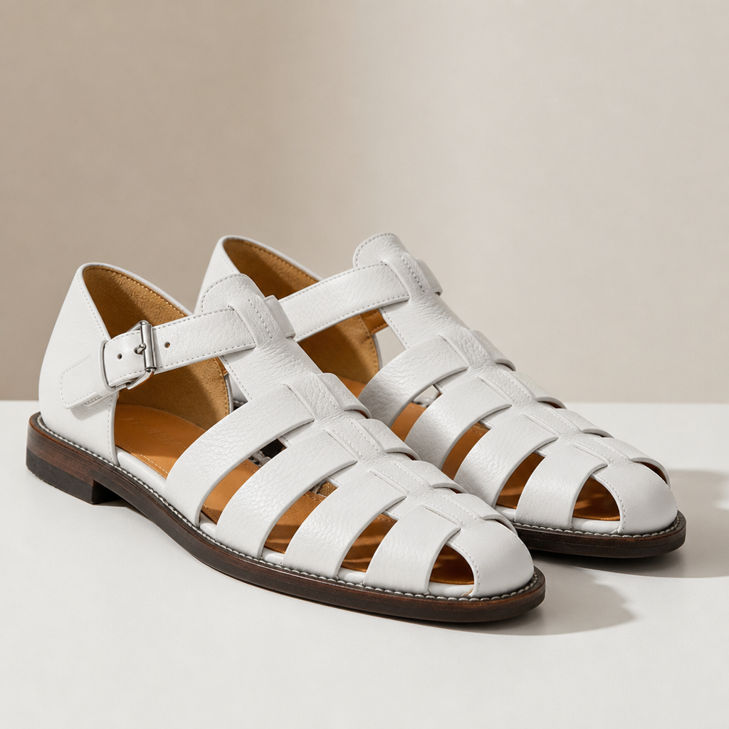 Pylos Leather Fisherman Sandals in White