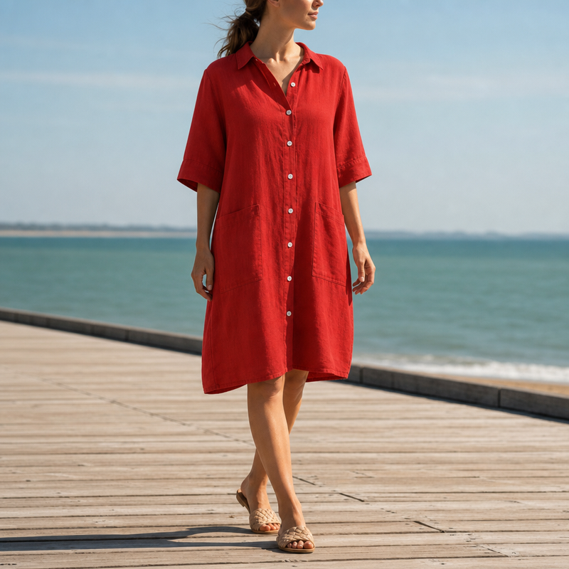 Ragusa Linen Shirt Dress in Red