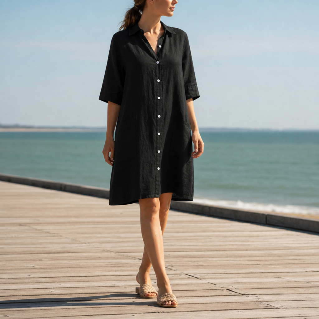 Ragusa Linen Shirt Dress in Black