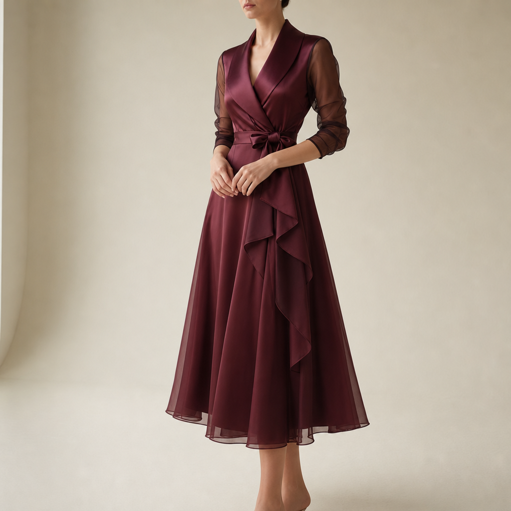 Ravello Sheer Sleeve Wrap Dress in Burgundy