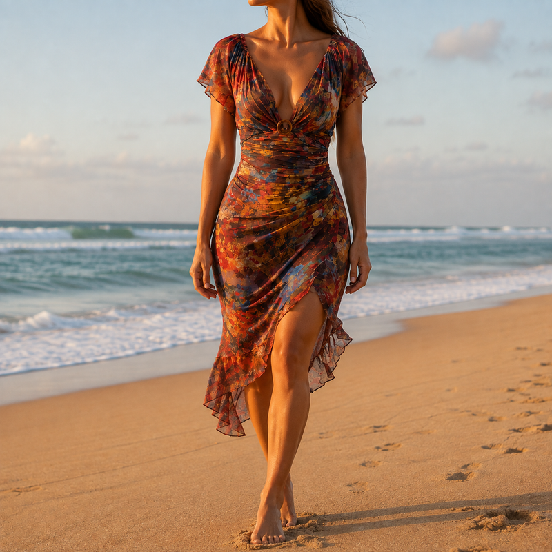 Corte Ruched Boho Midi Dress