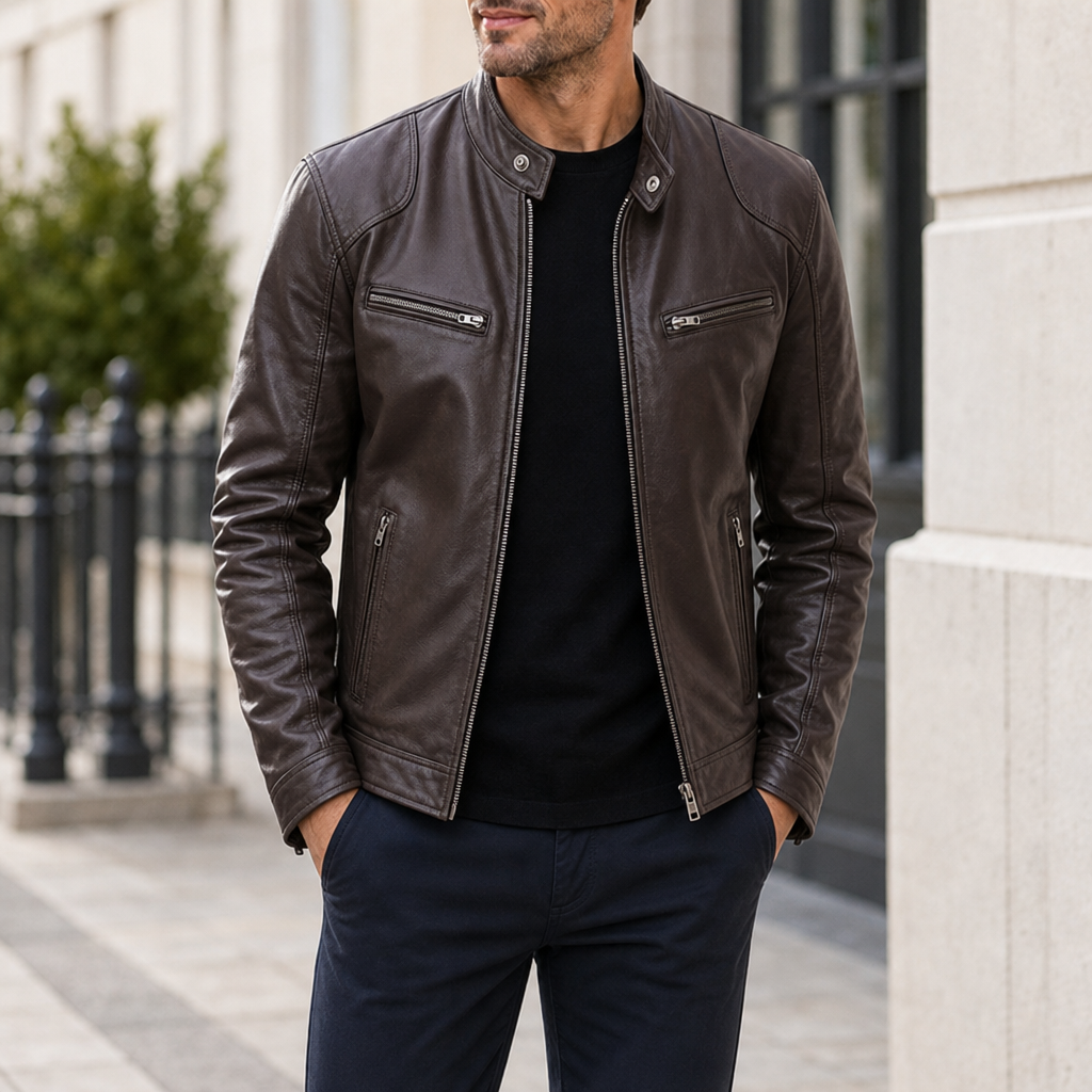 Rimini Leather Biker Jacket in Dark Brown