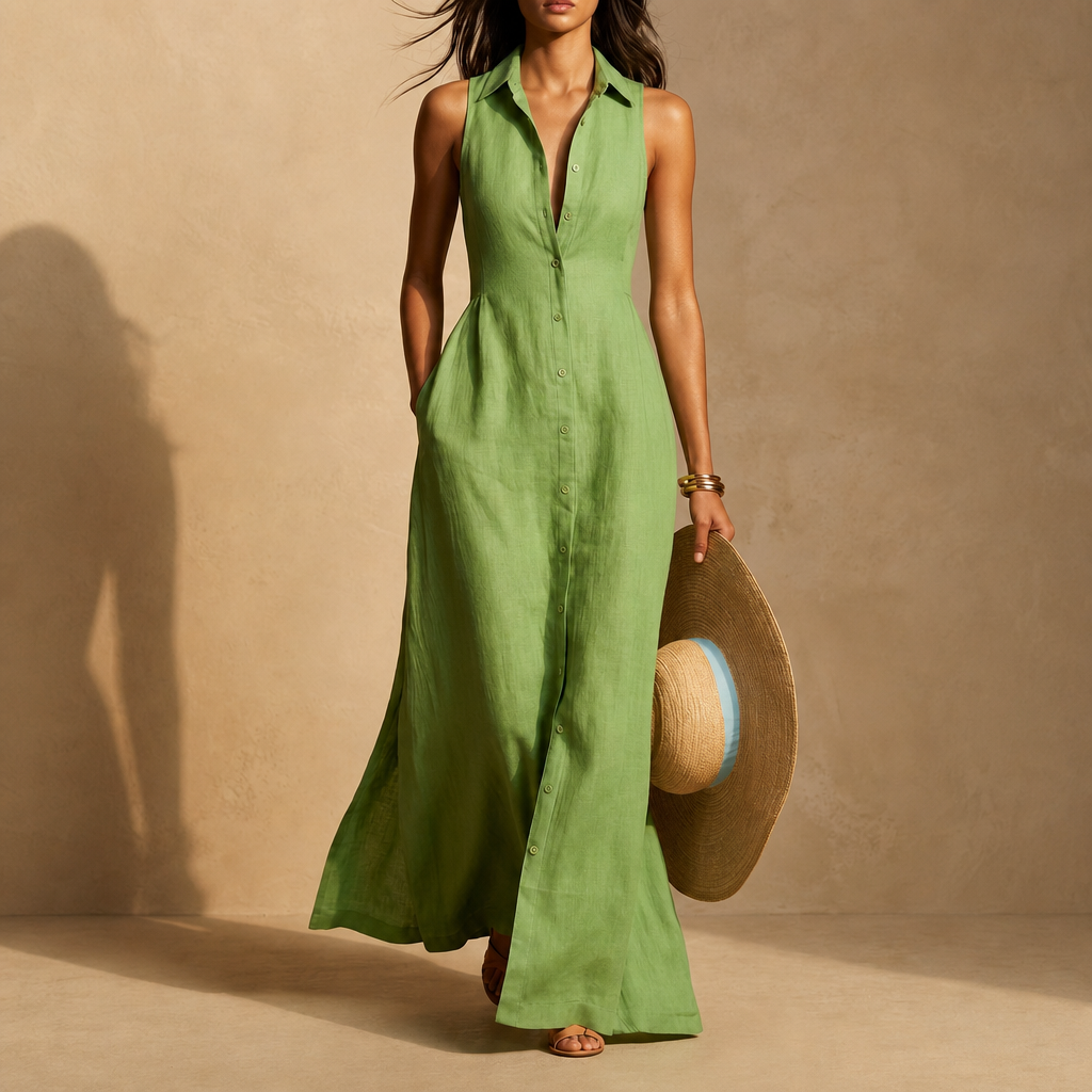 Roussillon Linen Sleeveless Shirt Dress in Green