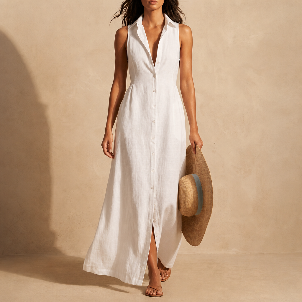 Roussillon Linen Sleeveless Shirt Dress in White