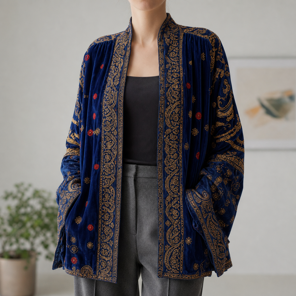 Rovinj Boho Velvet Kimono in Midnight Blue