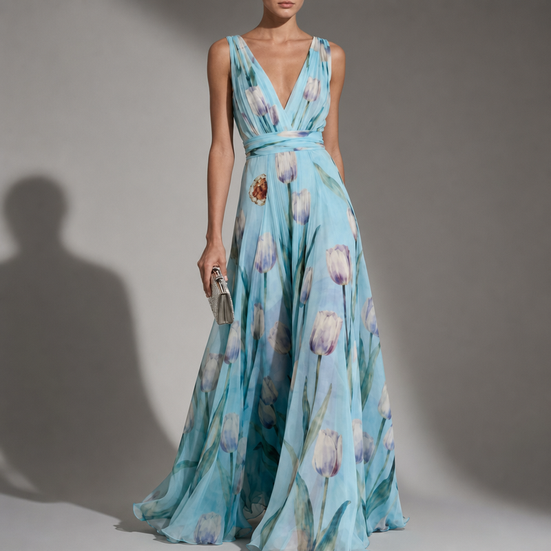 Sagres Tulip Floral Chiffon Maxi in Blue
