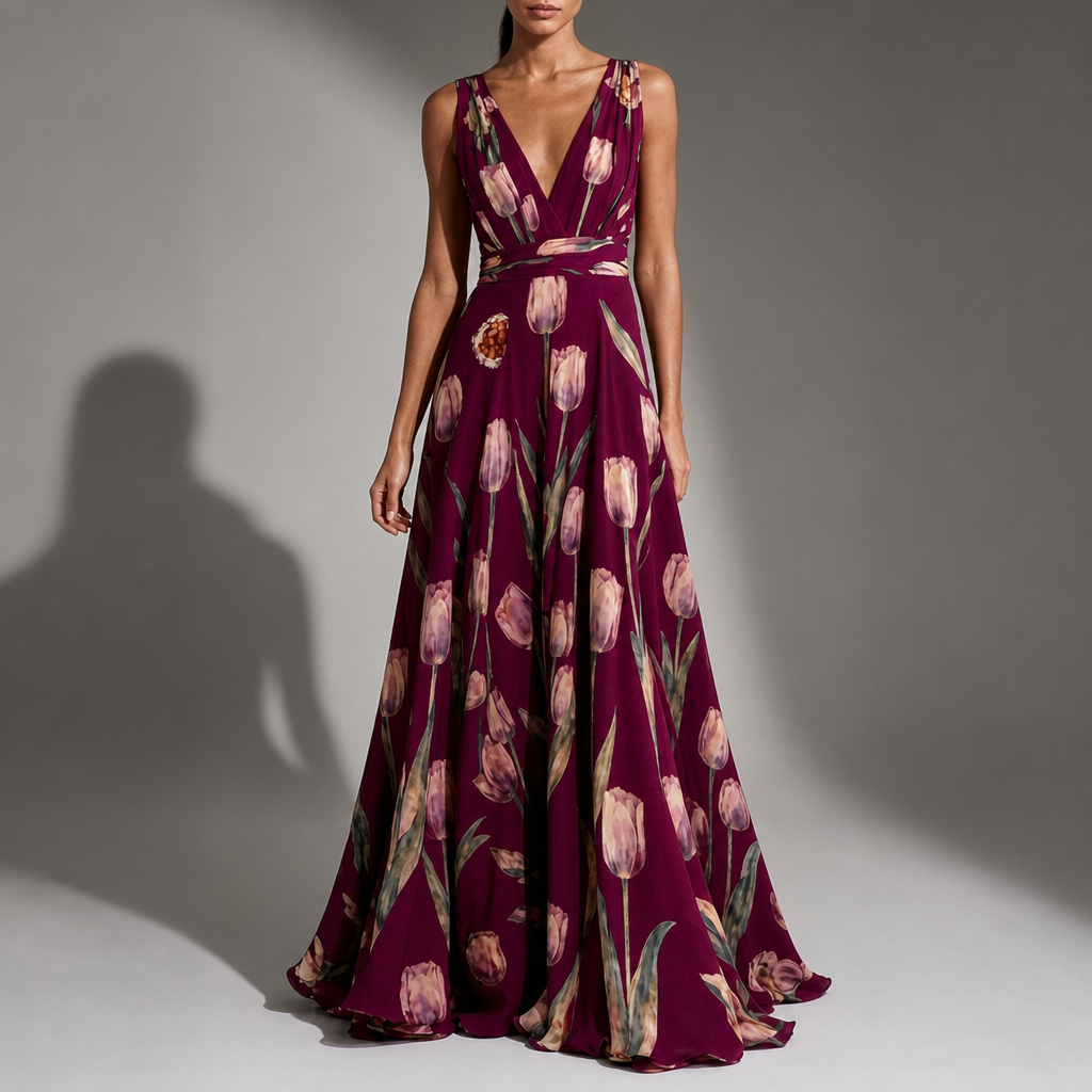 Sagres Tulip Floral Chiffon Maxi in Wine