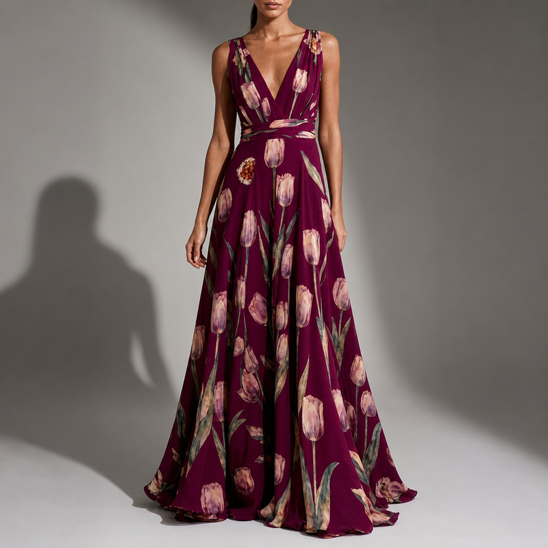 Sagres Tulip Floral Chiffon Maxi in Wine