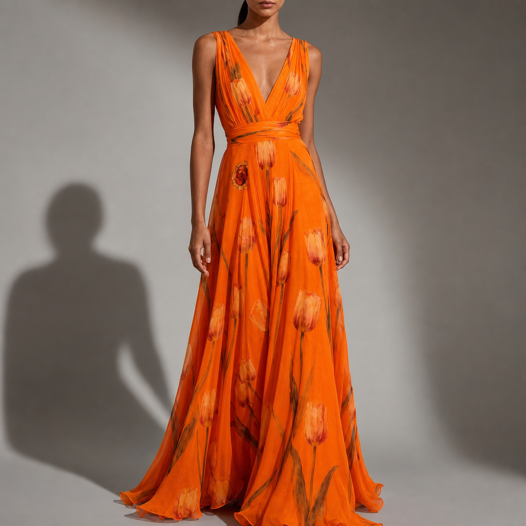 Sagres Tulip Floral Chiffon Maxi in Orange