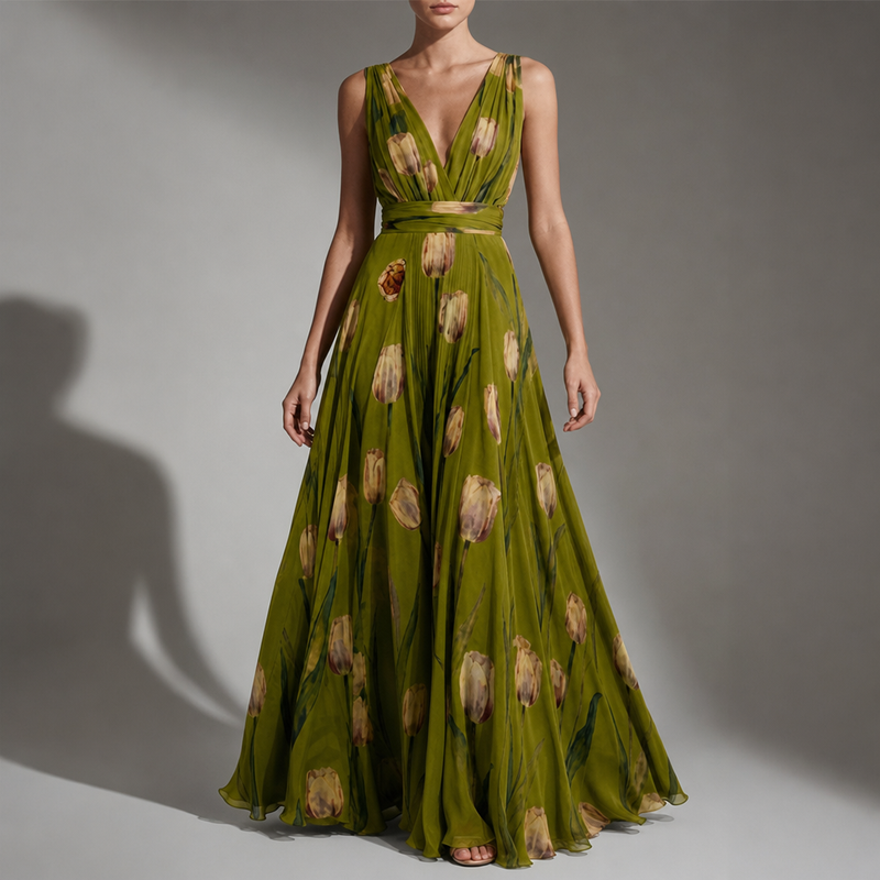 Sagres Tulip Floral Chiffon Maxi in Olive