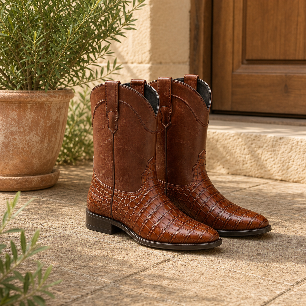 Serifos Croc Embossed Cowboy Boots in Cognac Brown