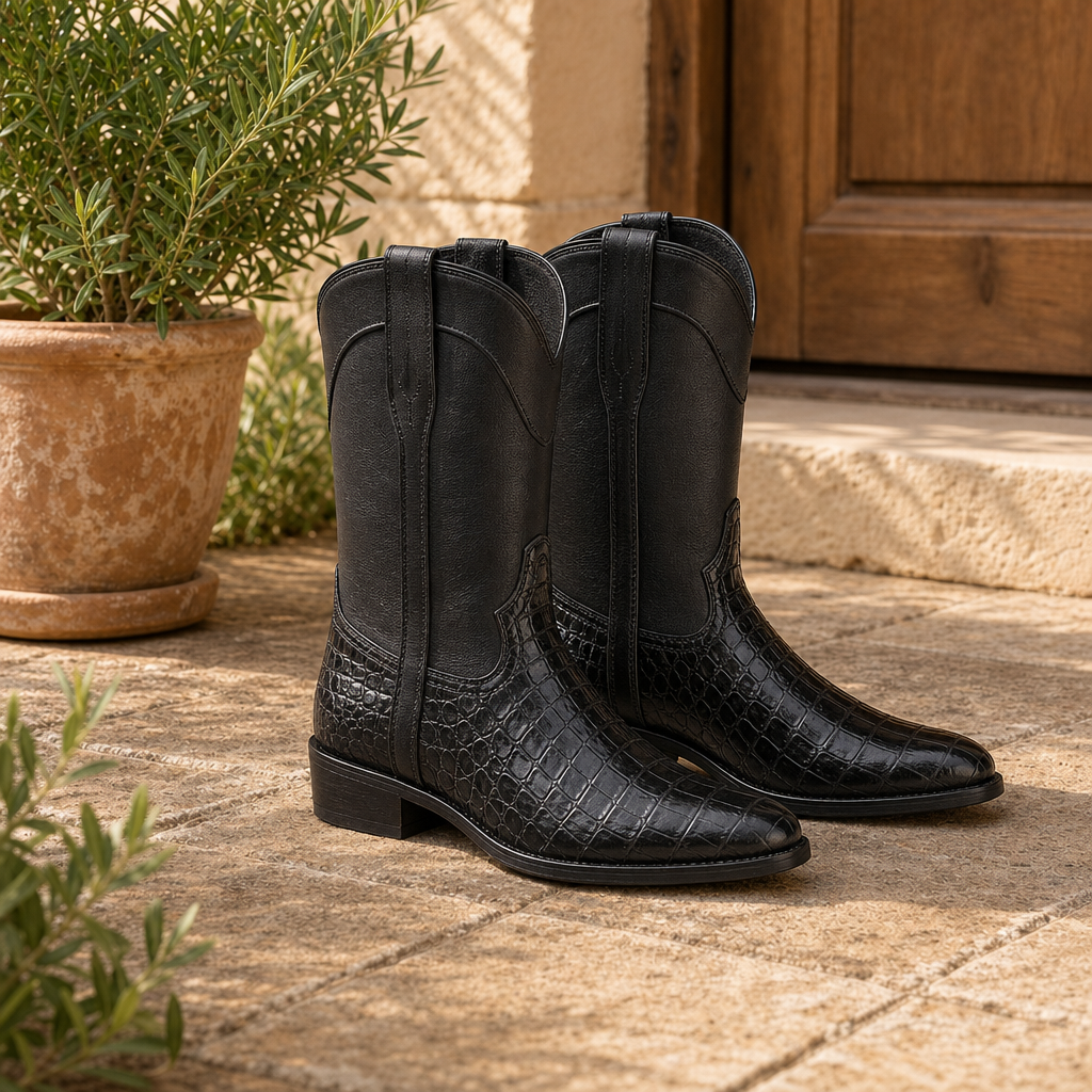 Serifos Croc Embossed Cowboy Boots in Obsidian Black