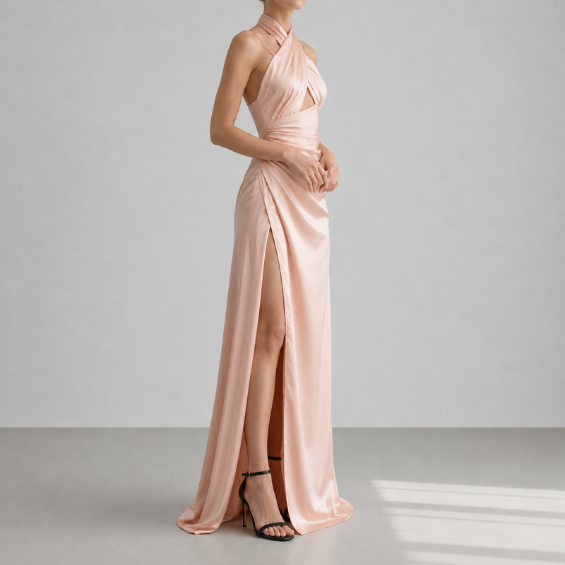Sliema Halter Cutout Satin Gown