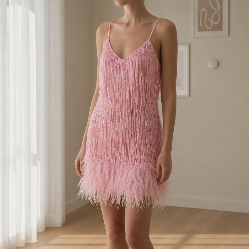 Silves Feather Fringe Mini Dress in Pink