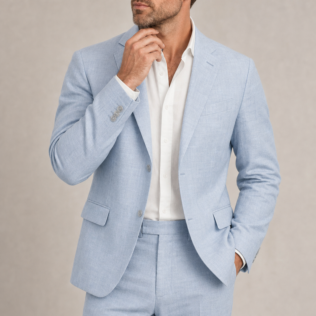 Skiathos Tailored Linen Suit Set in Light Blue