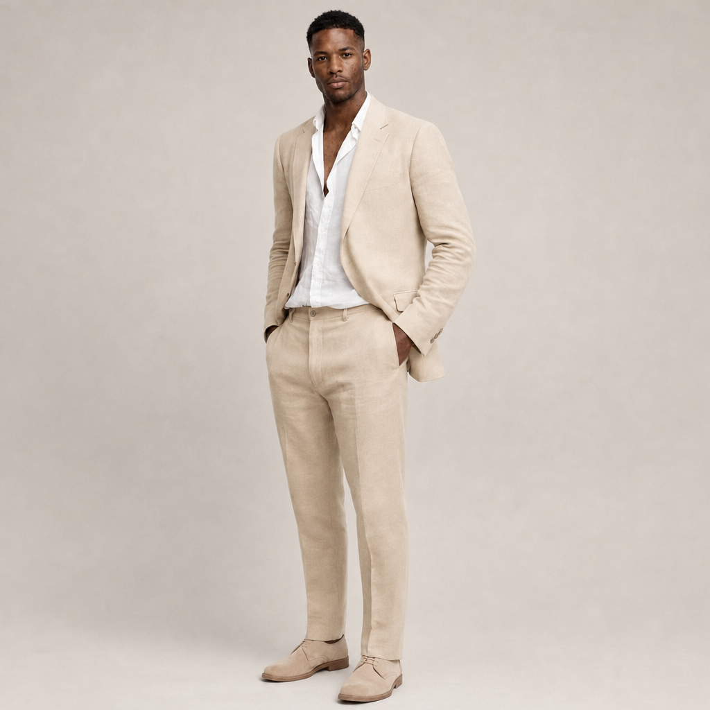 Skiathos Tailored Linen Suit Set in Beige