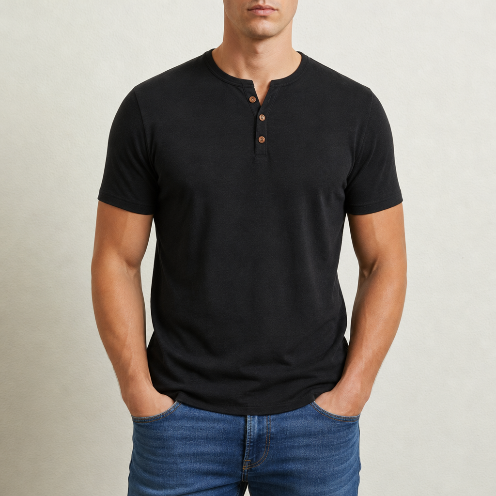 Spoleto Muscle Fit Henley Tee in Black