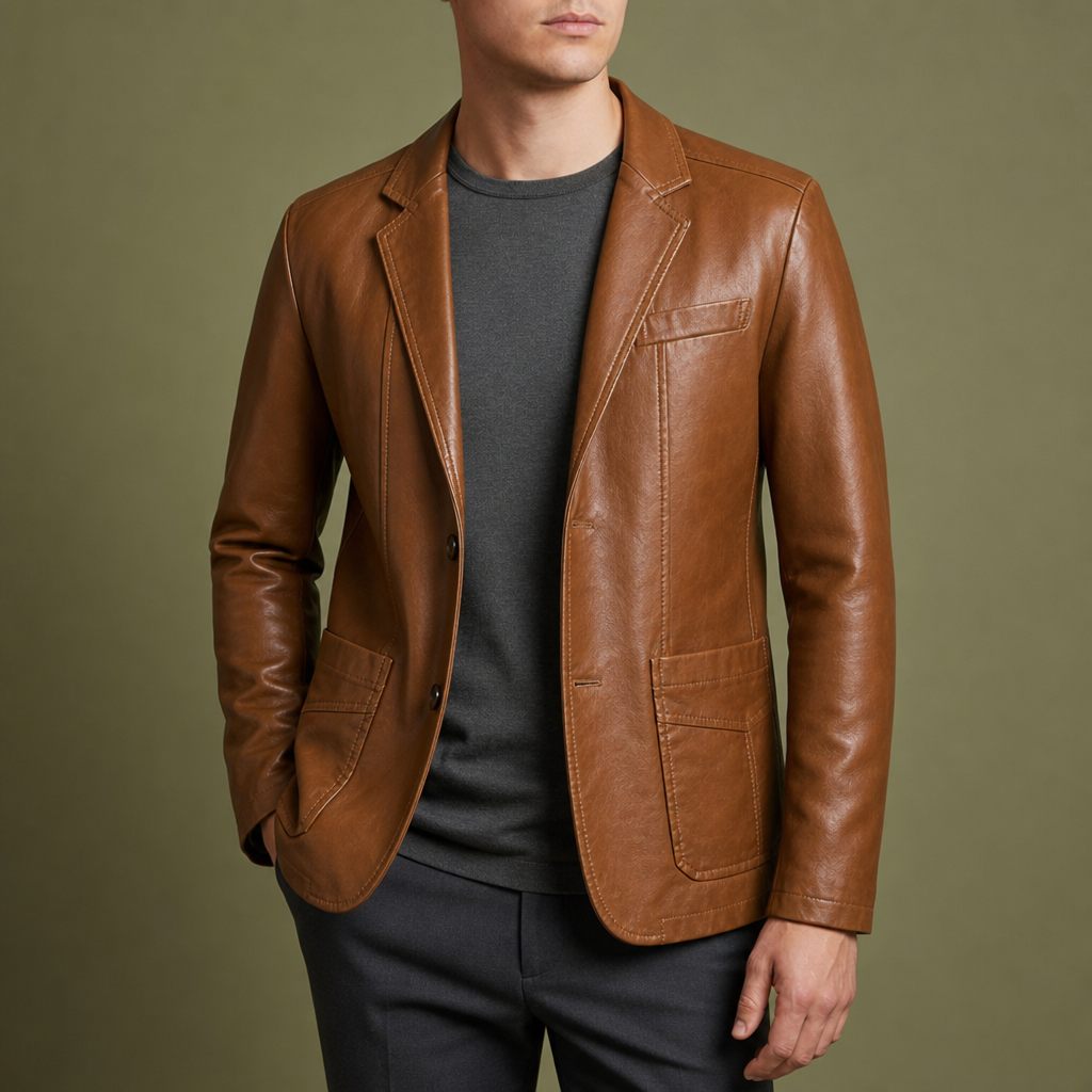 Tarifa Leather Blazer Jacket in Brown