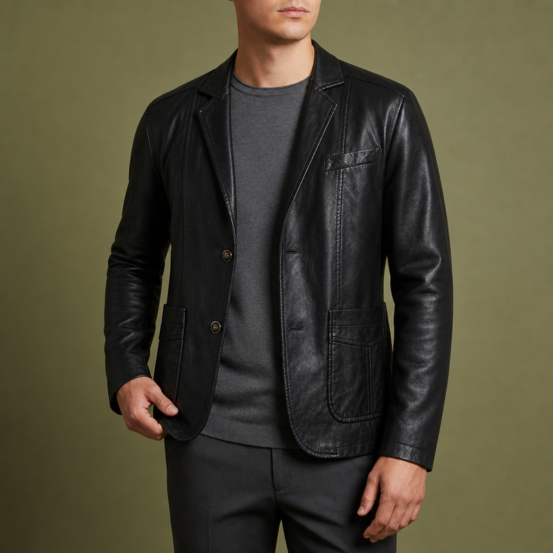 Tarifa Leather Blazer Jacket in Black