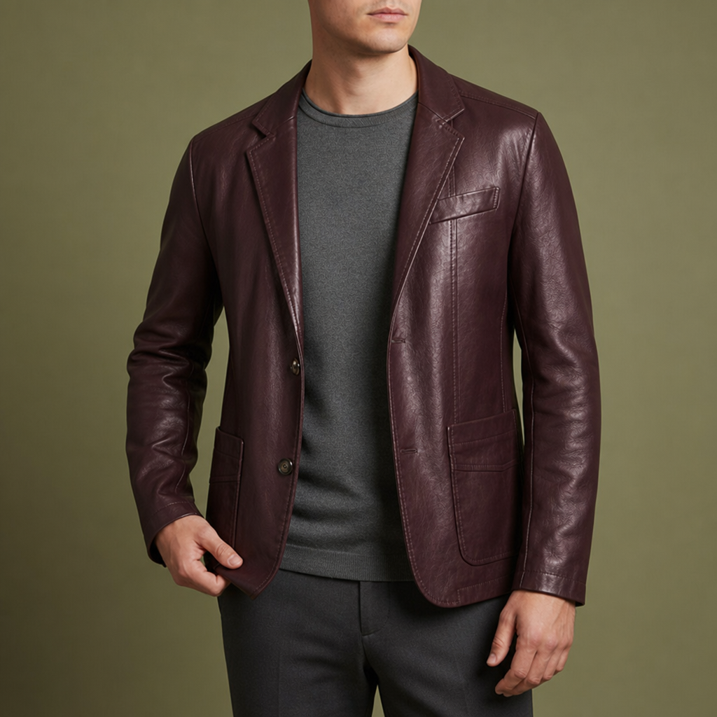 Tarifa Leather Blazer Jacket in Burgundy