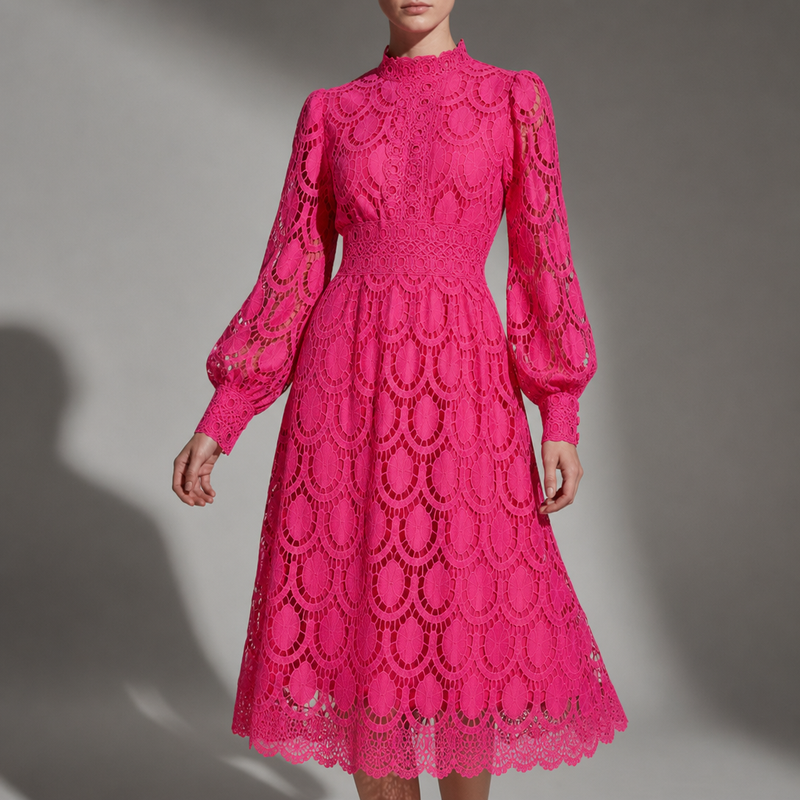 Thassos Lace Openwork Midi Dress in Dark Pink