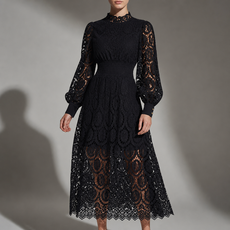 Thassos Lace Openwork Midi Dress in Black