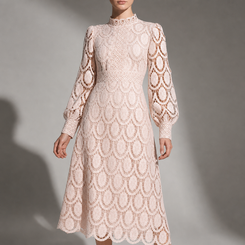 Thassos Lace Openwork Midi Dress in Pink