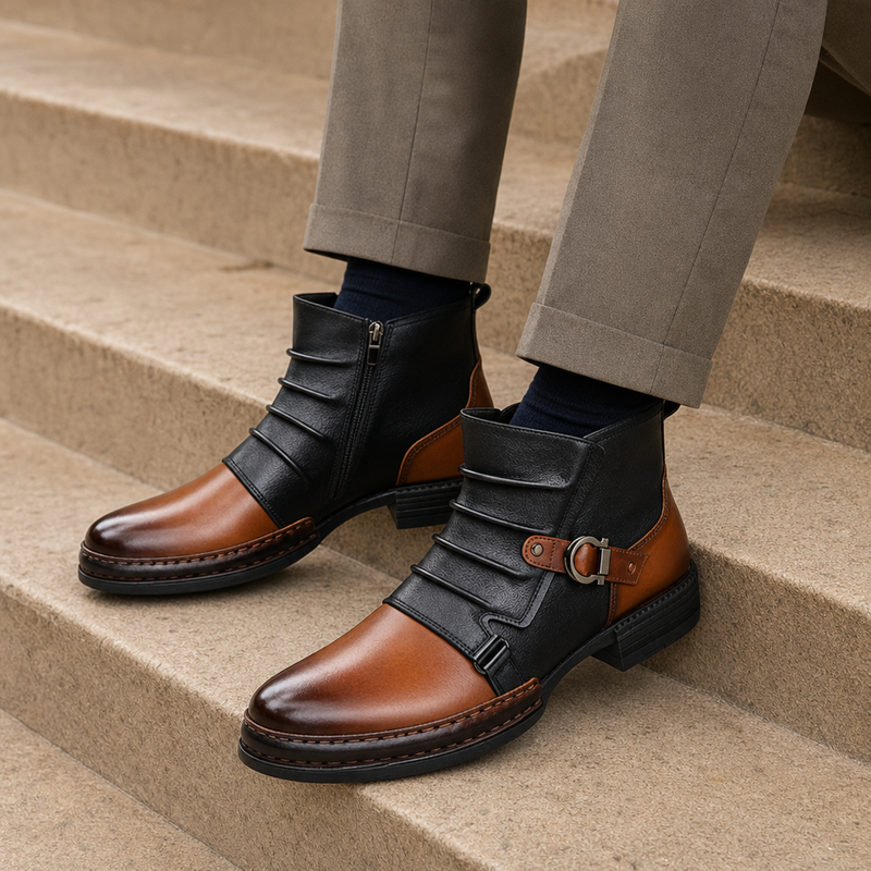 Treviso Buckle Leather Ankle Boots in Black & Cognac Toe