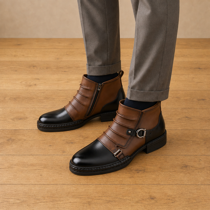 Treviso Buckle Leather Ankle Boots in Chestnut & Black Toe