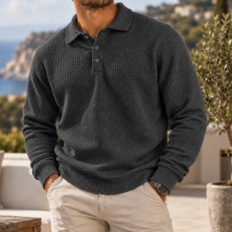 Tropea Waffle Knit Polo Sweater in Dark Gray