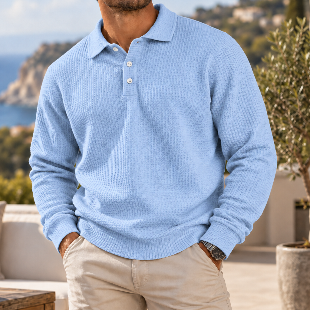 Tropea Waffle Knit Polo Sweater in Light Blue