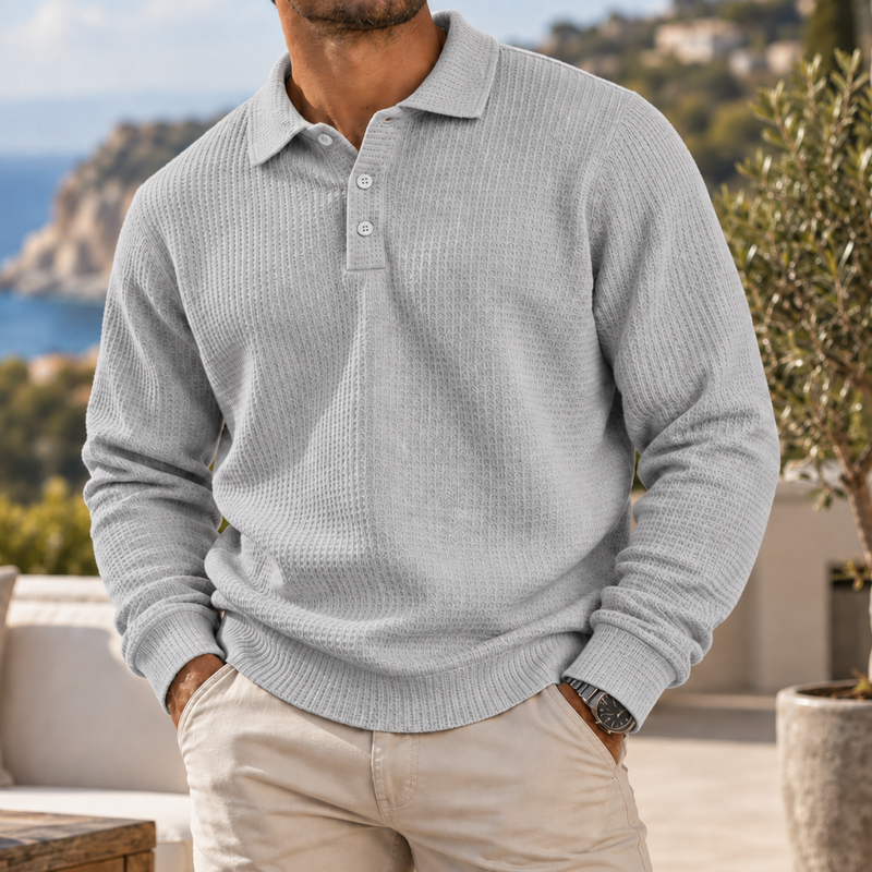Tropea Waffle Knit Polo Sweater in Light Gray