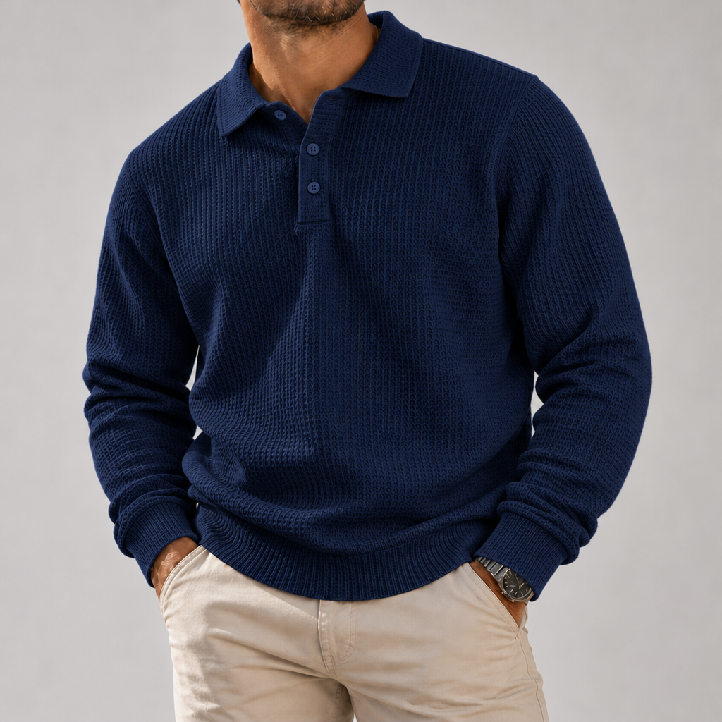Tropea Waffle Knit Polo Sweater in Navy