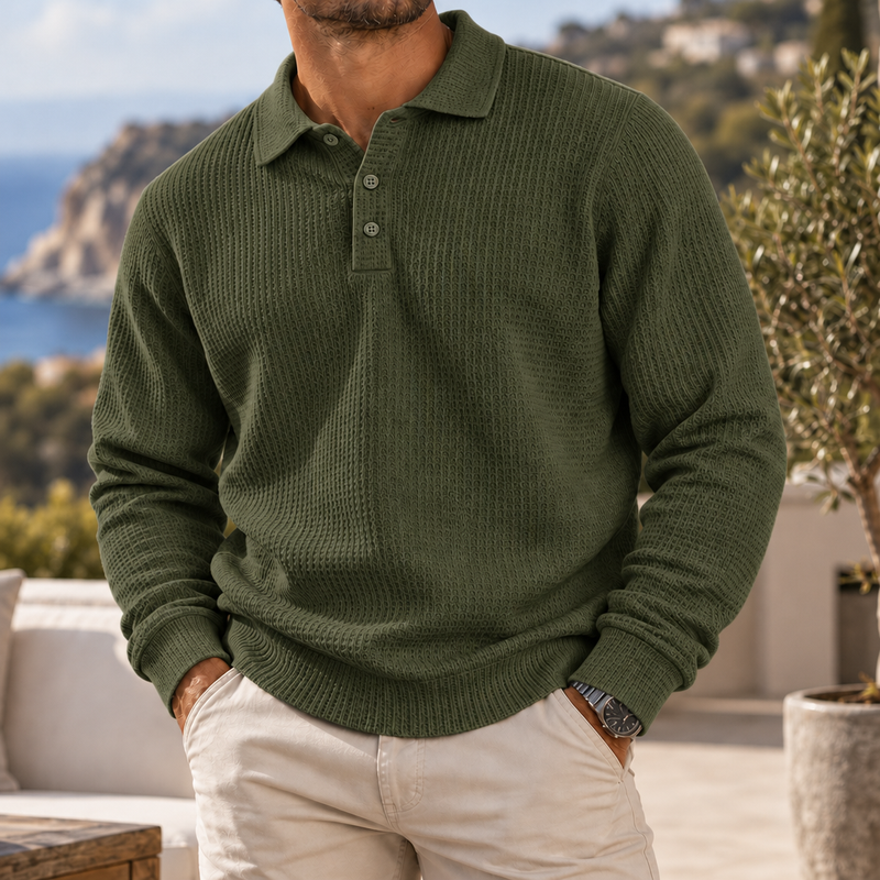 Tropea Waffle Knit Polo Sweater in Olive Green