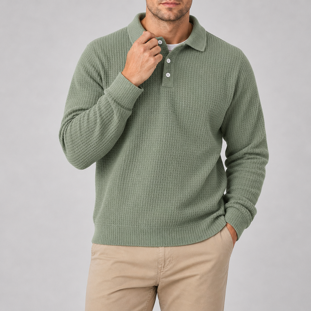 Tropea Waffle Knit Polo Sweater in Sage Green