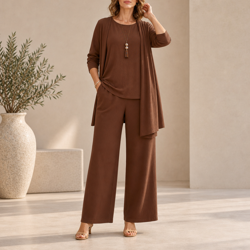 Tropea Wide Leg Three-Piece Set in Dark Brown