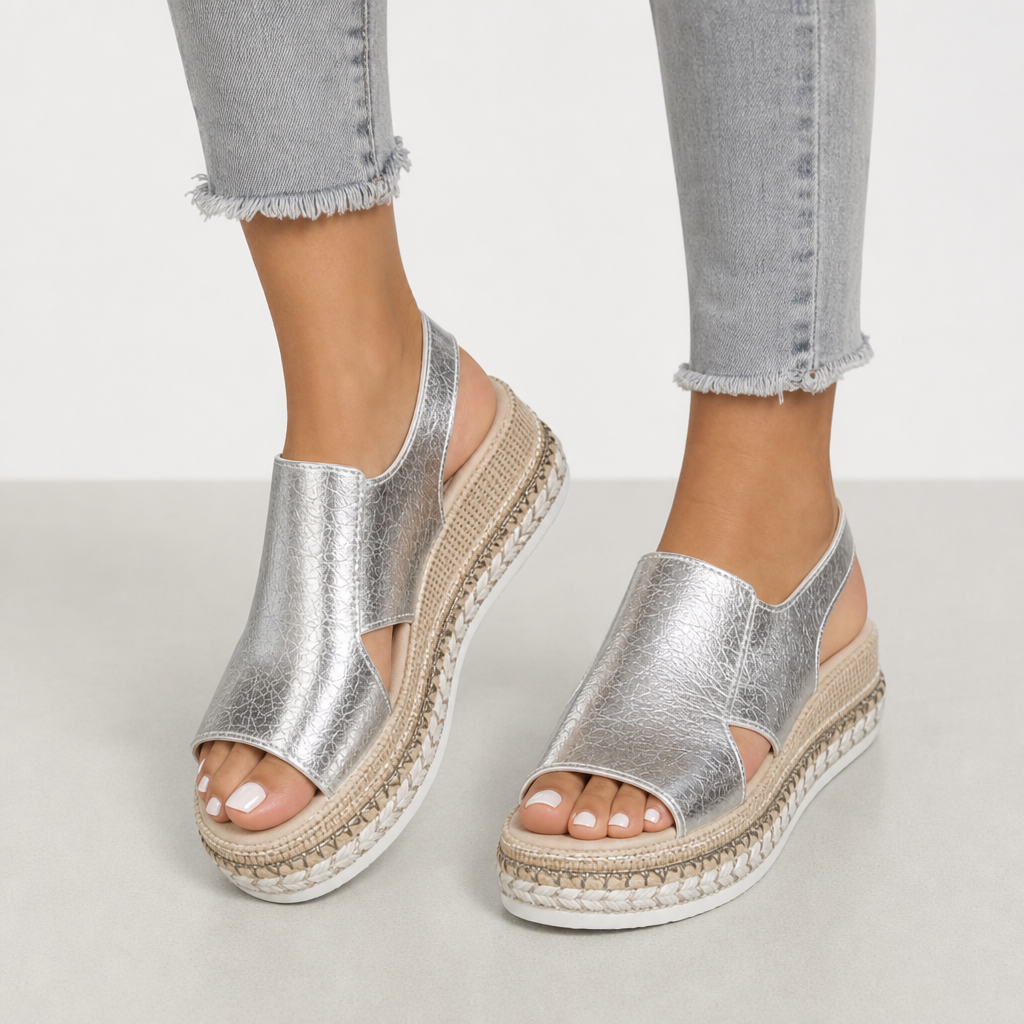 Viana Orthopedic Metallic Wedge Sandals in Silver