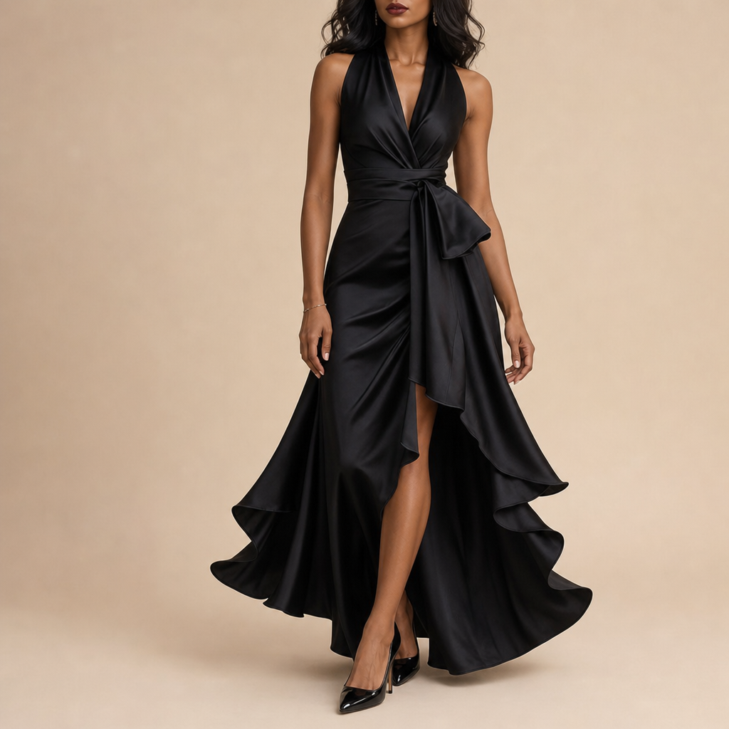 Vieste Satin Halterneck Maxi Dress in Black