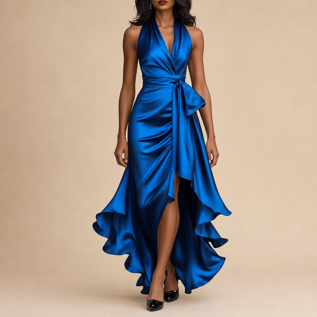Vieste Satin Halterneck Maxi Dress in Blue