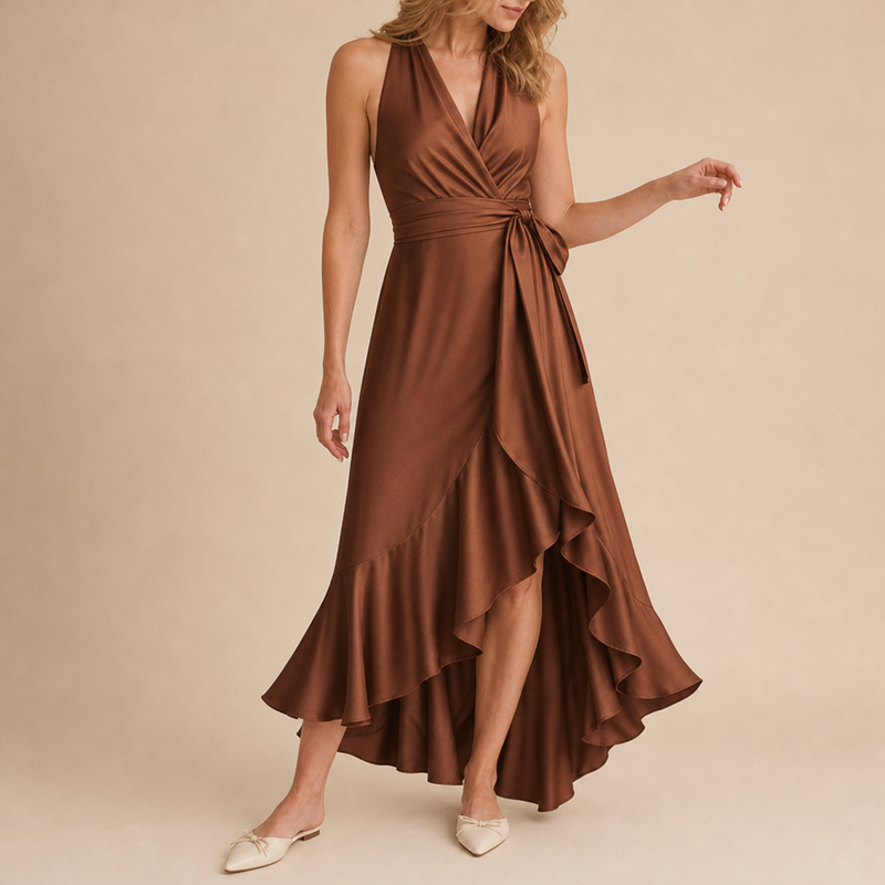 Vieste Satin Halterneck Maxi Dress in Brown