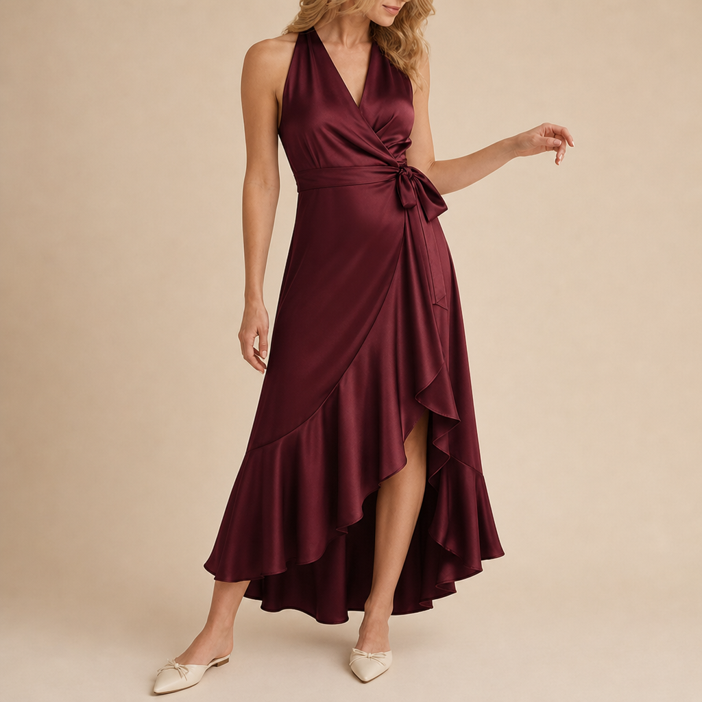 Vieste Satin Halterneck Maxi Dress in Burgundy