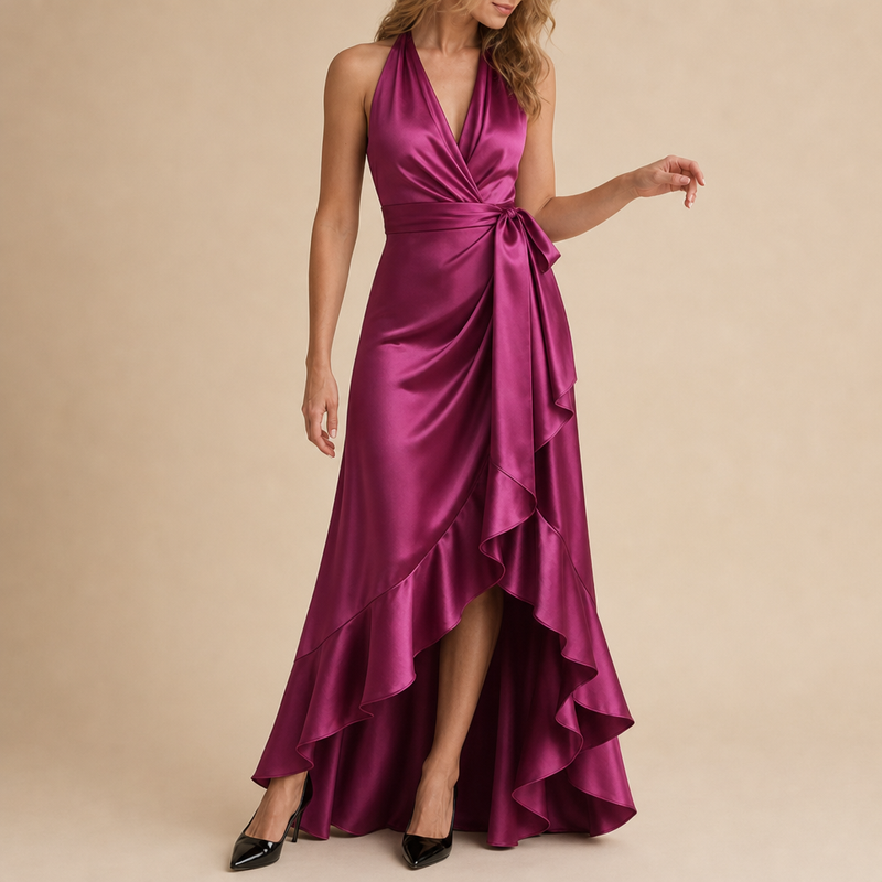 Vieste Satin Halterneck Maxi Dress in Dark Pink