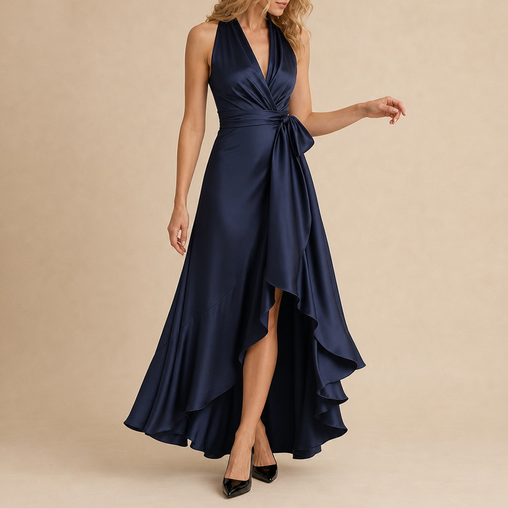 Vieste Satin Halterneck Maxi Dress in Navy Blue