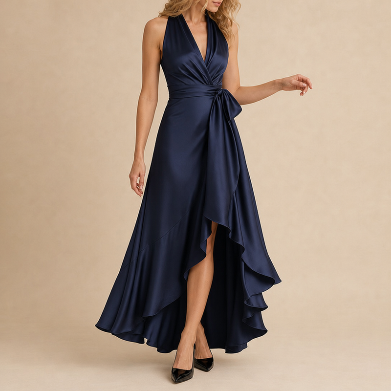 Vieste Satin Halterneck Maxi Dress in Navy Blue