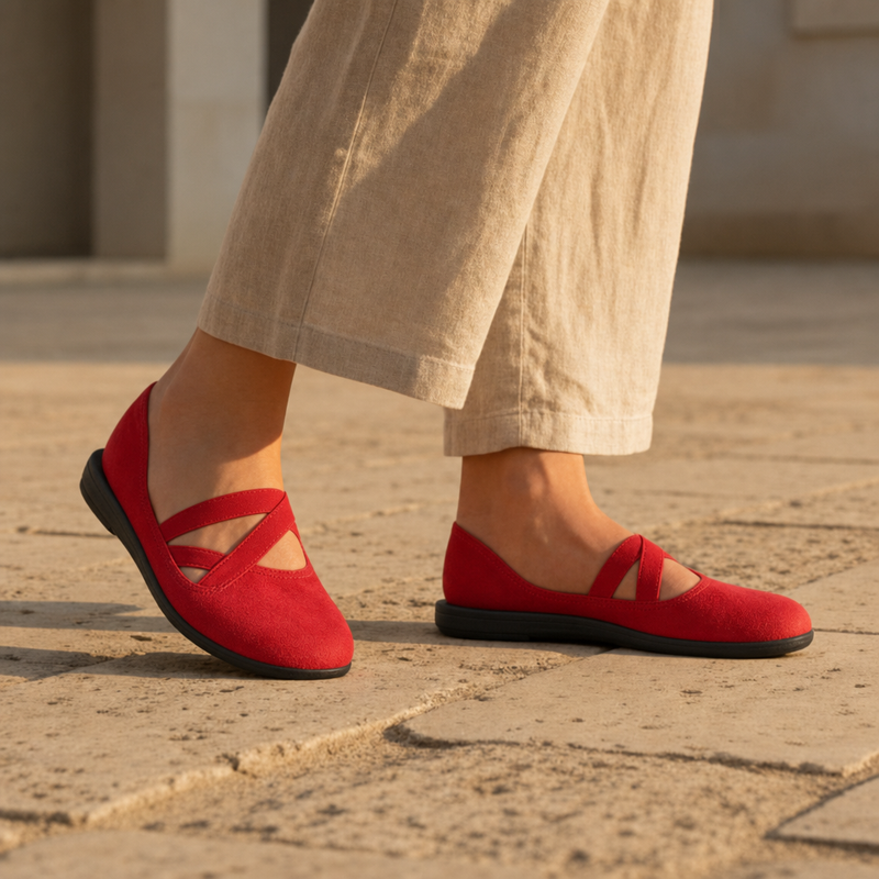 Villefranche Orthopedic Criss-Cross Strap Flats in Red